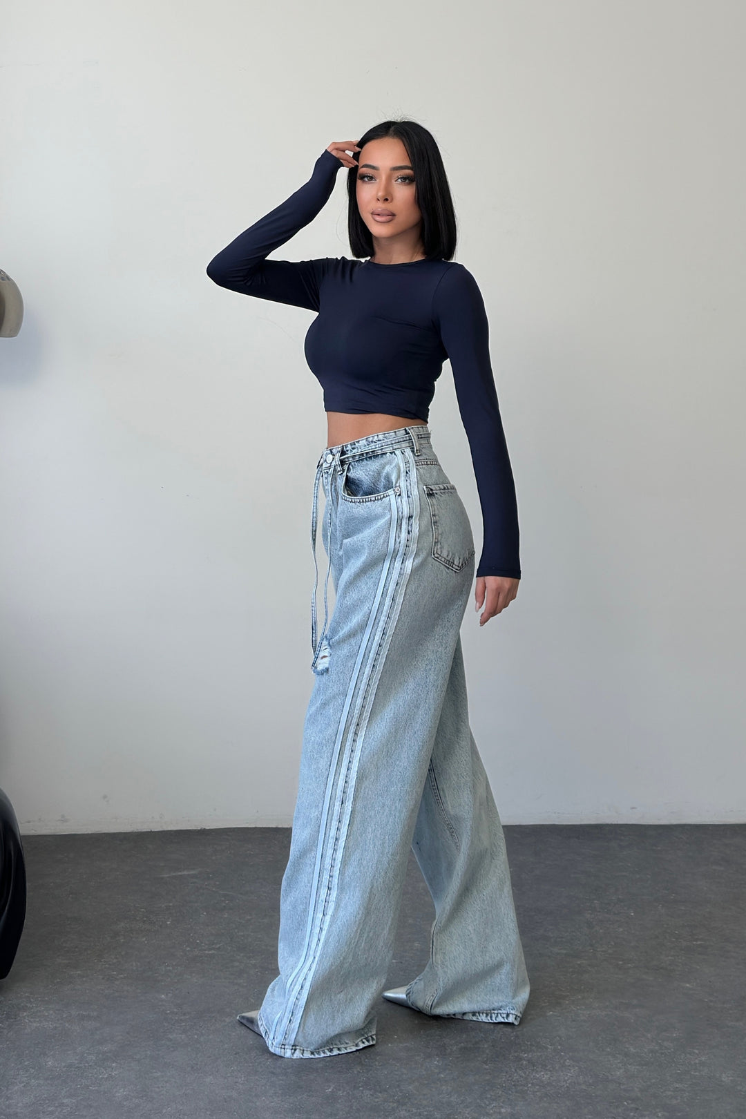 Routines Striped Ripped Straight Jeans - Light Blue 1356-2