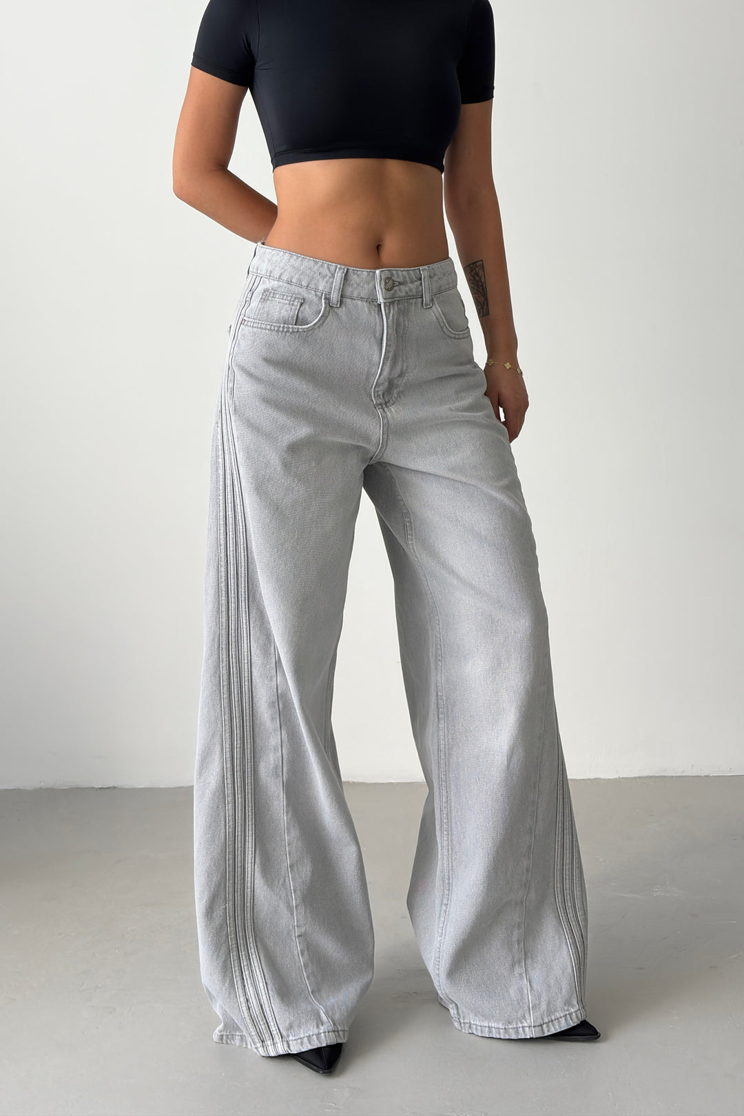 Routines Striped Wide Jeans - Grey 531 - ROUTINES