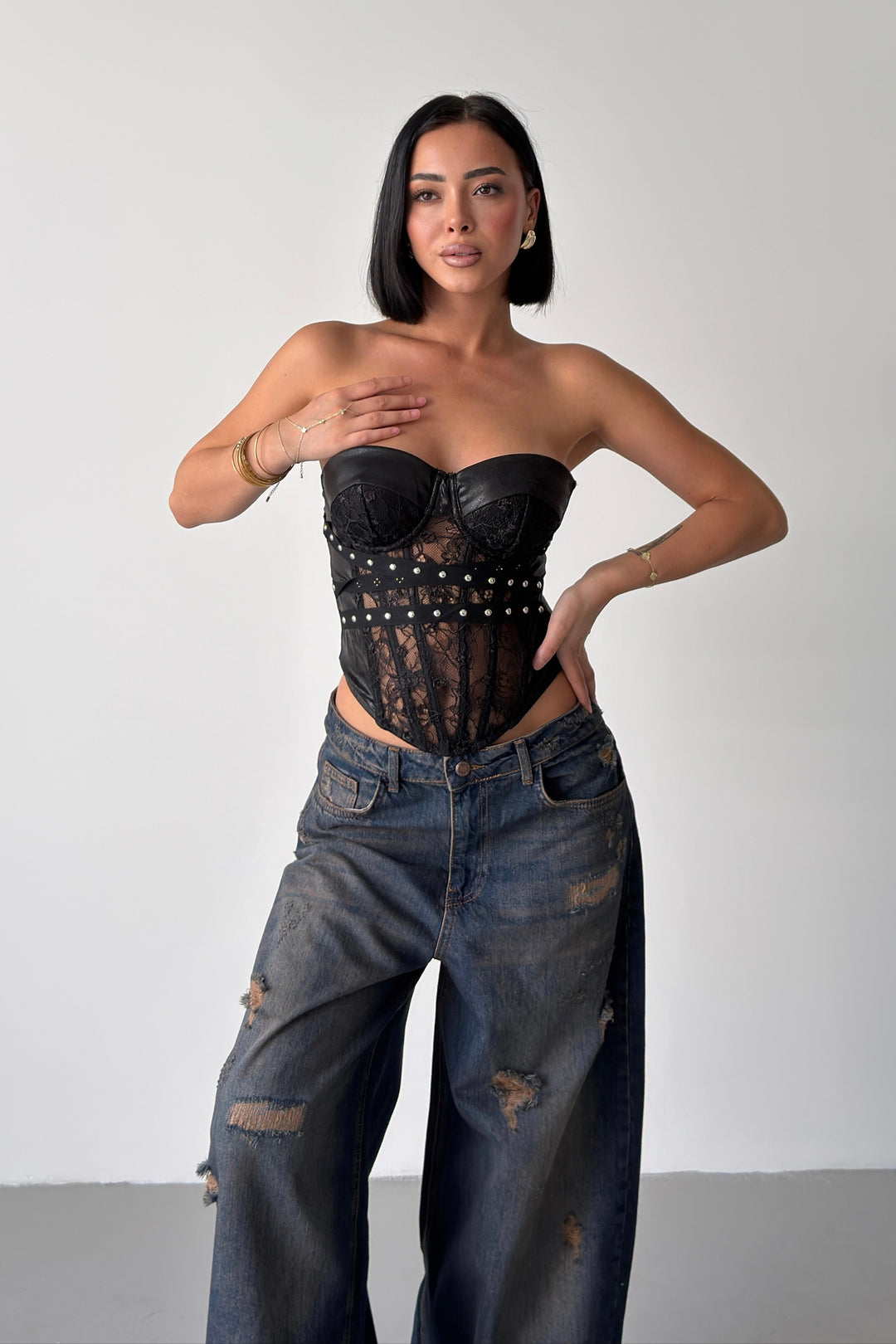 Routines Studs Mesh Lace Corset Top - Black C2123 - ROUTINES