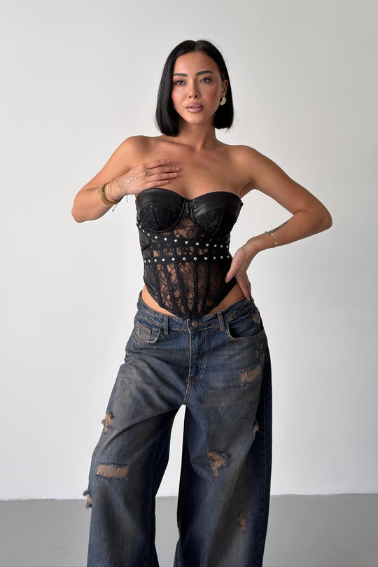 Routines Studs Mesh Lace Corset Top - Black C2123 - ROUTINES