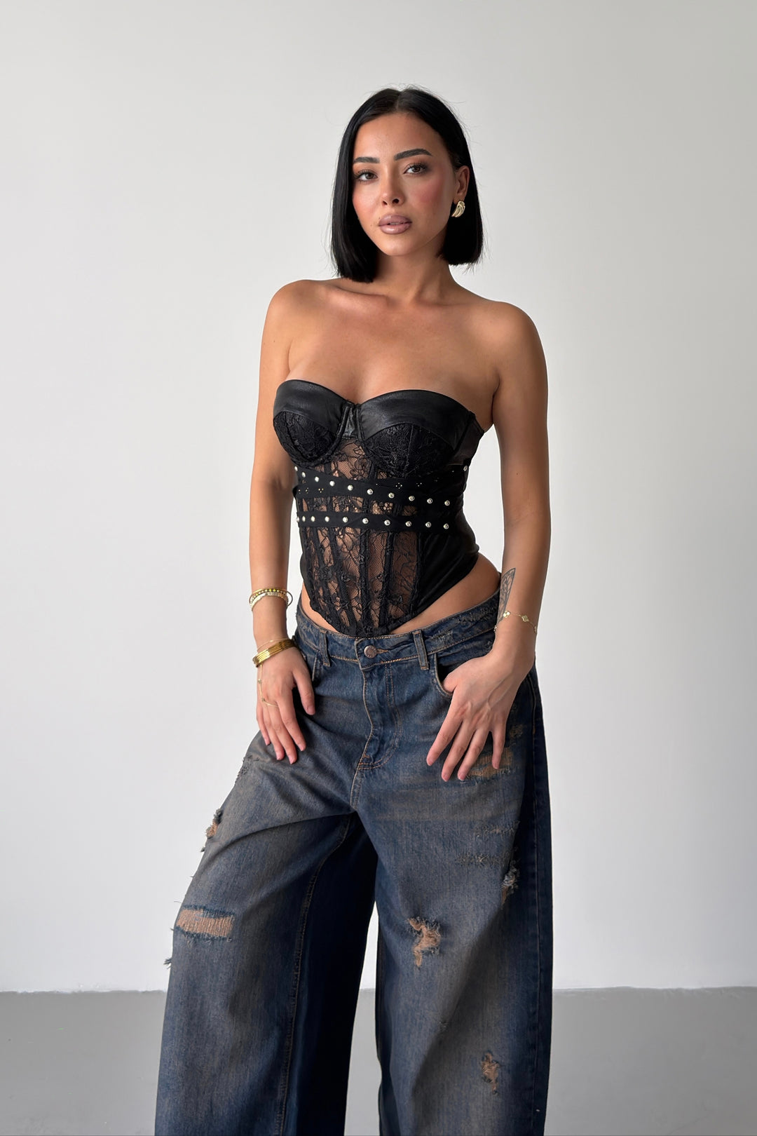 Routines Studs Mesh Lace Corset Top - Black C2123 - ROUTINES