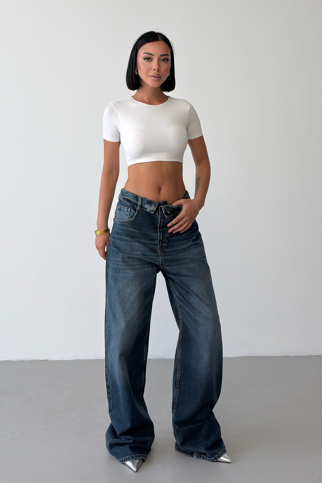 Routines Vintage Folded Waist Jeans - Dark Blue 8185