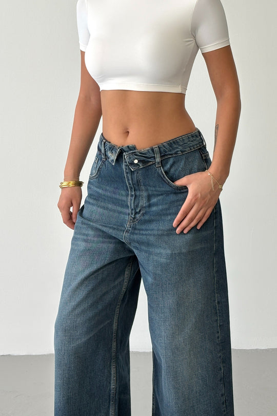 Routines Vintage Folded Waist Jeans - Dark Blue 8185