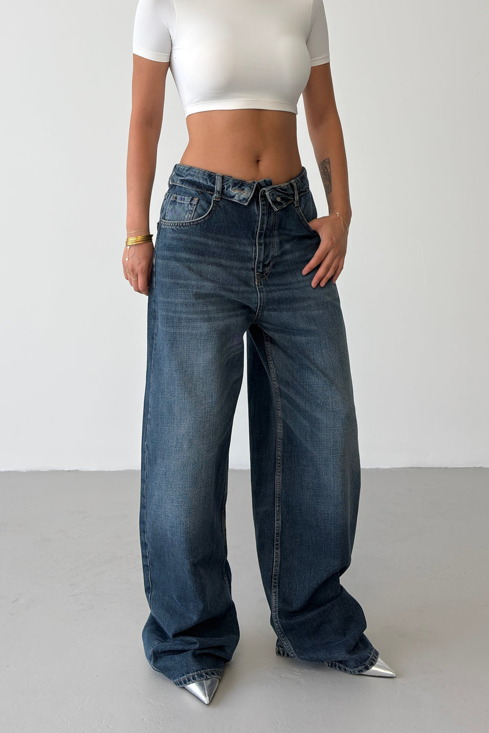 Routines Vintage Folded Waist Jeans - Dark Blue 8185
