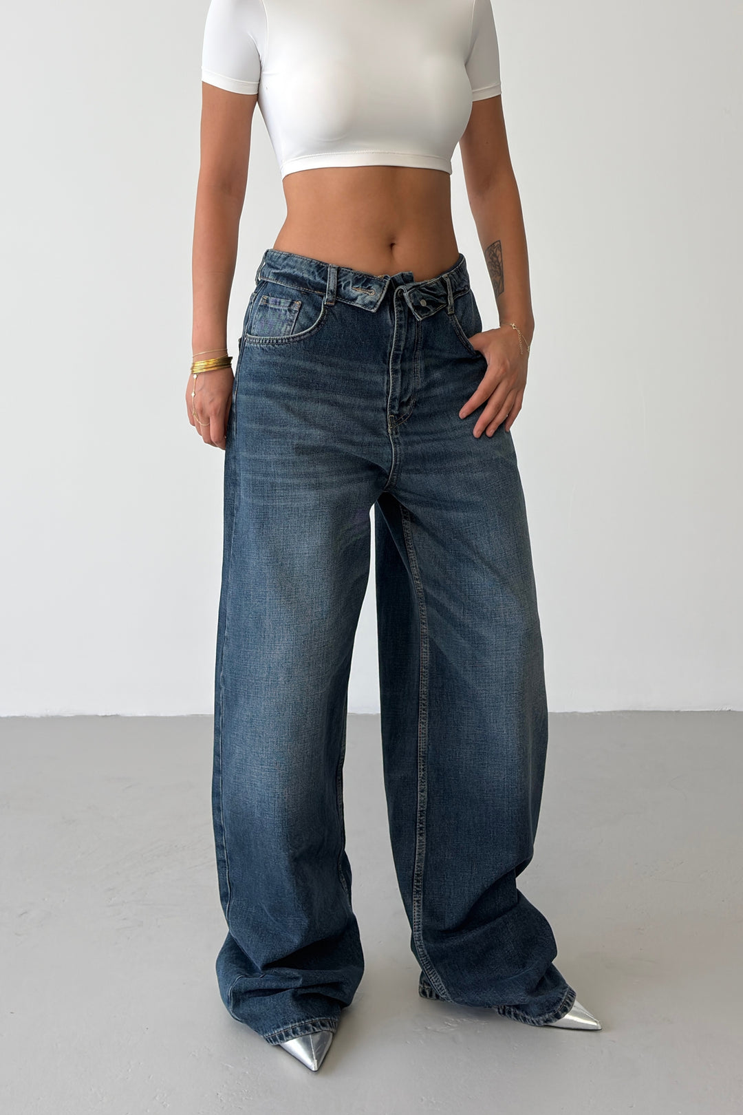 Routines Vintage Folded Waist Jeans - Dark Blue 8185