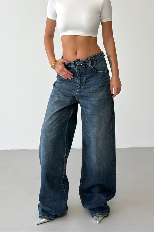 Routines Vintage Folded Waist Jeans - Dark Blue 8185