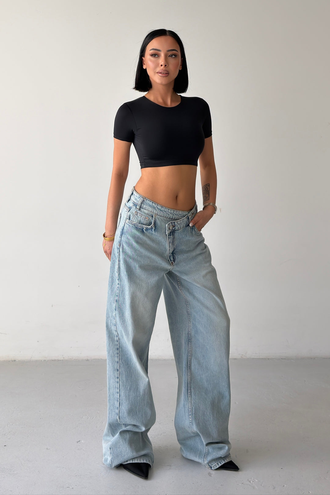 Routines Washed Cross Button Jeans - Mid Blue 1395-26