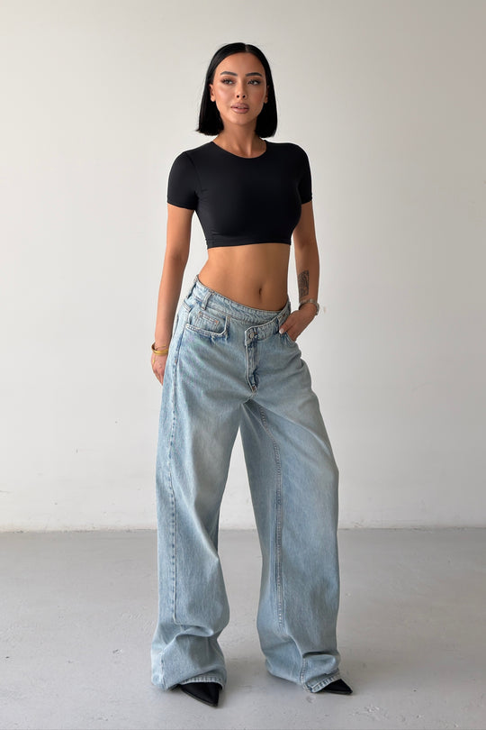 Routines Washed Cross Button Jeans - Mid Blue 1395-26