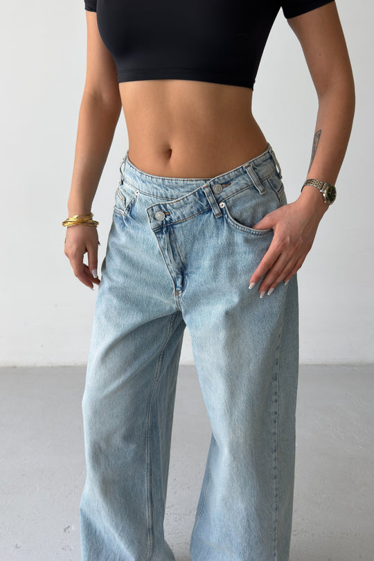 Routines Washed Cross Button Jeans - Mid Blue 1395-26
