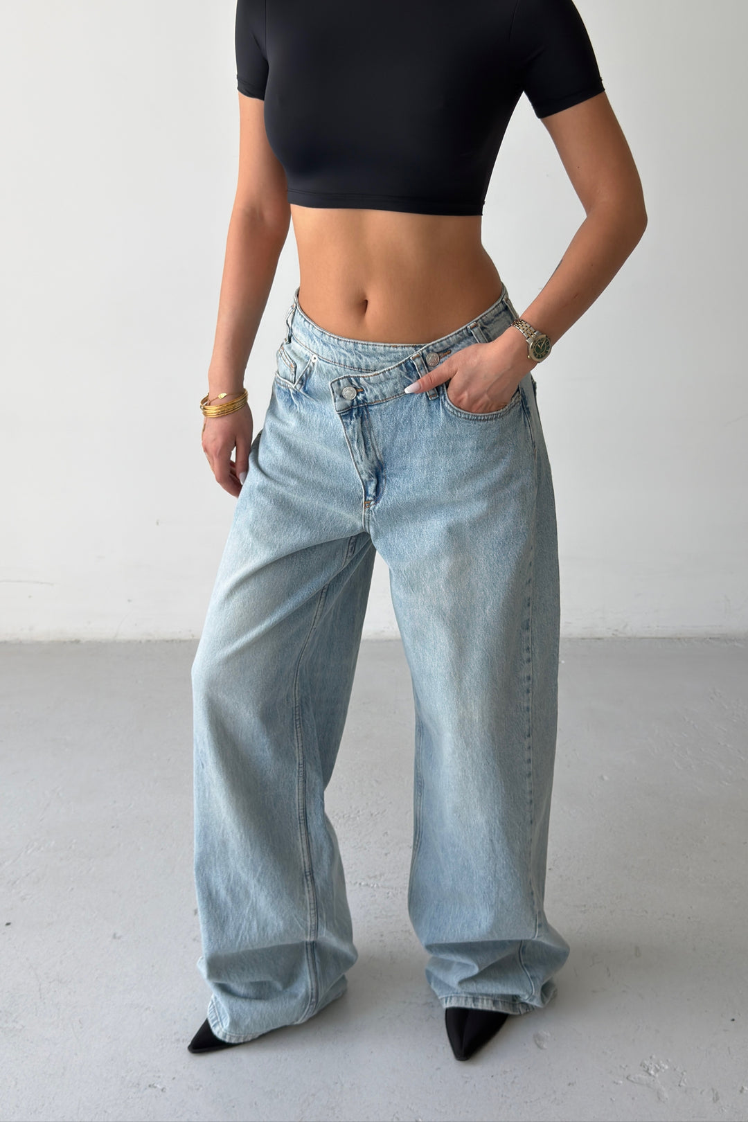 Routines Washed Cross Button Jeans - Mid Blue 1395-26