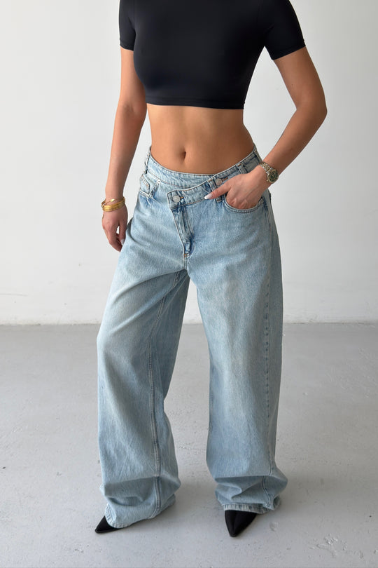 Routines Washed Cross Button Jeans - Mid Blue 1395-26