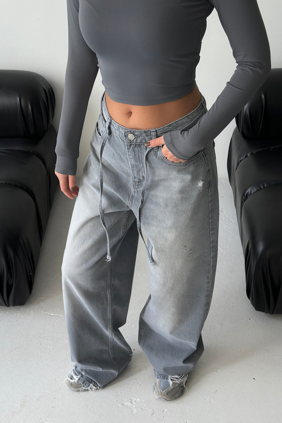 Routines Washed Drawstring Jeans - Grey 3651 - ROUTINES
