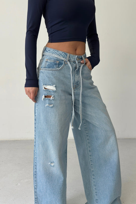 Routines Washed Drawstring Jeans - Light Blue 1326-1 - ROUTINES