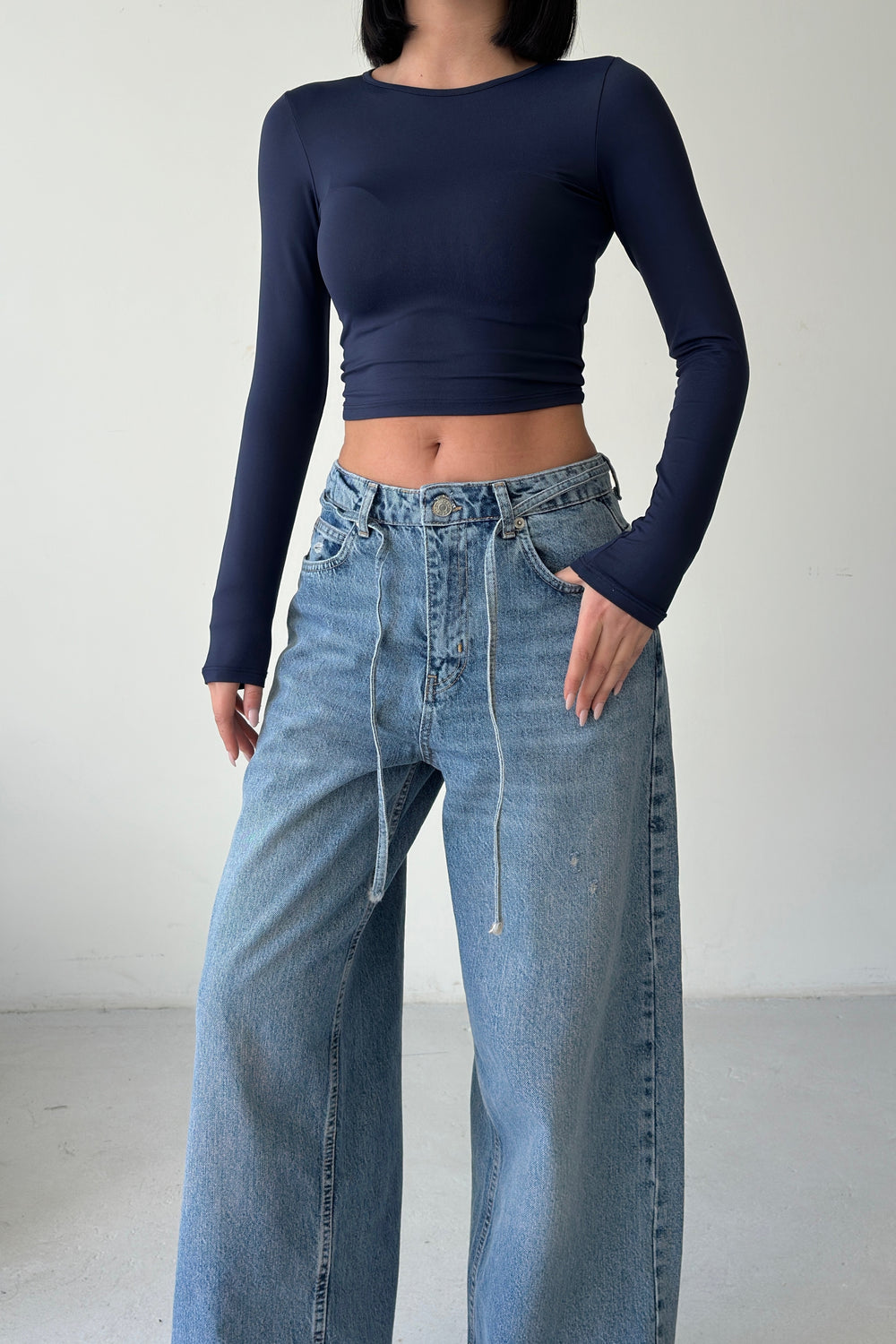 Routines Washed Drawstring Jeans - Mid Blue 3716 Jeans Routines Fashion