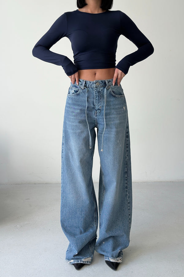 Routines Washed Drawstring Jeans - Mid Blue 3716 Jeans Routines Fashion