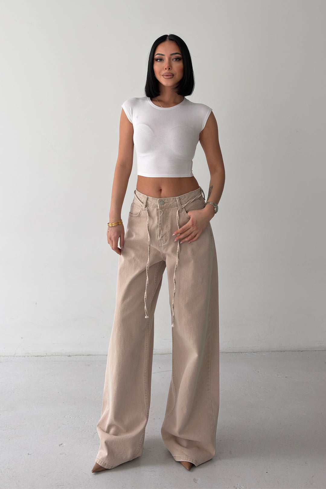 Routines Washed Drawstring Jeans - Stone 3595 - ROUTINES