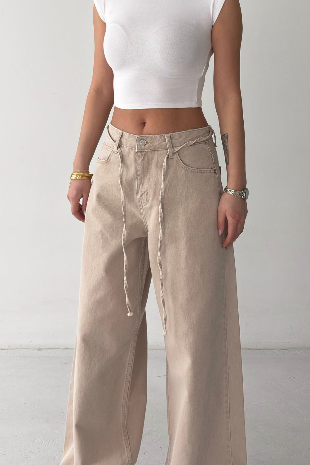 Routines Washed Drawstring Jeans - Stone 3595 - ROUTINES