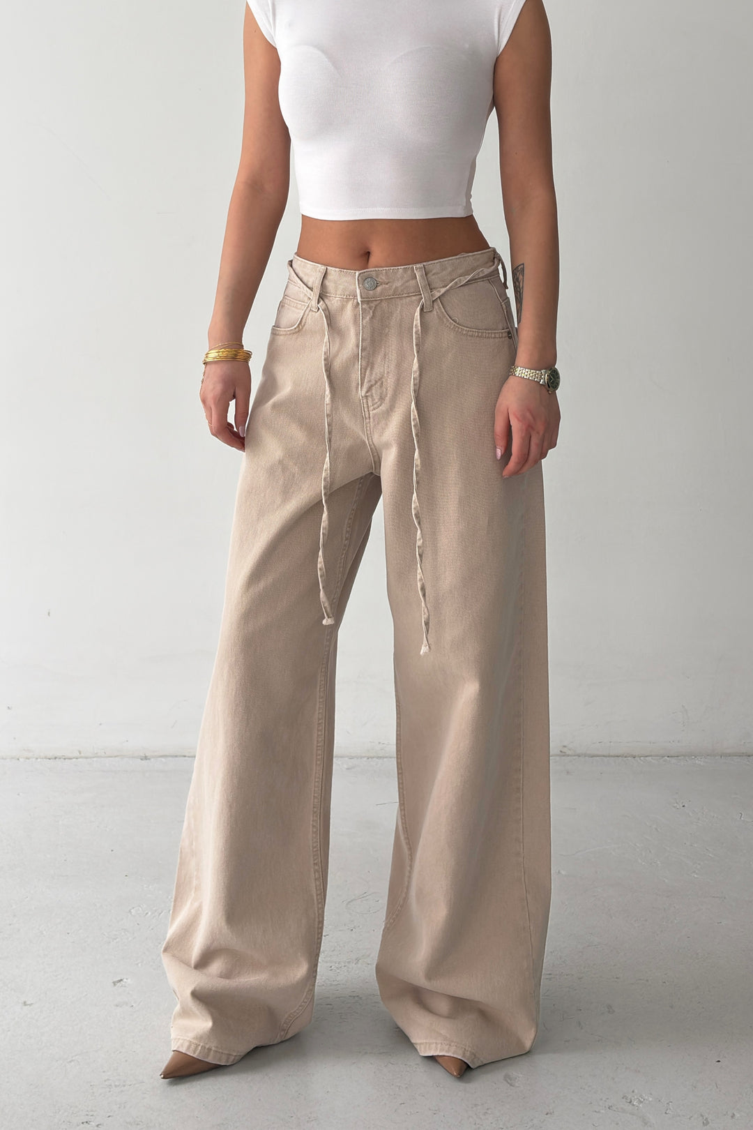 Routines Washed Drawstring Jeans - Stone 3595 - ROUTINES