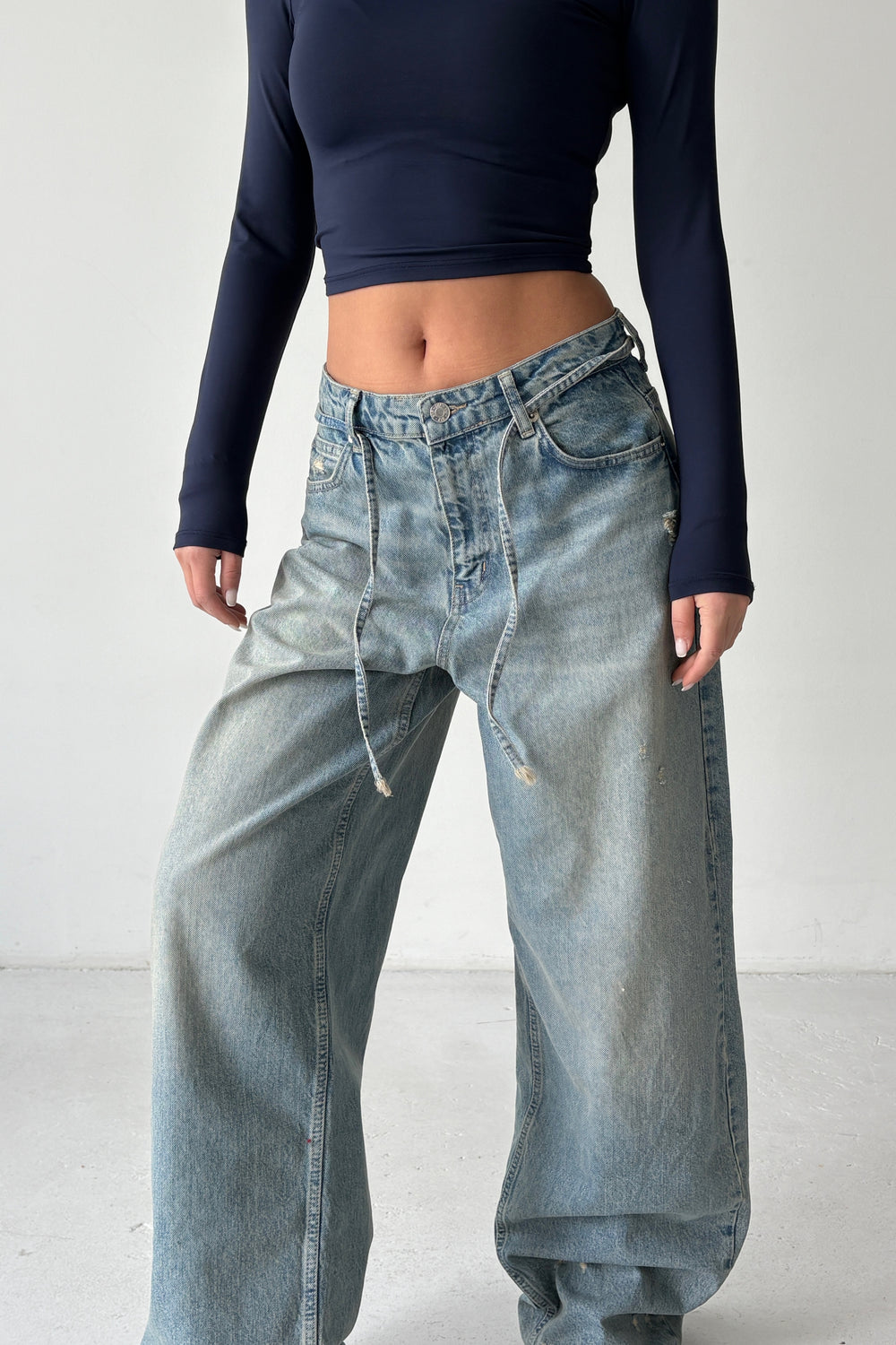 Routines Washed Drawstring Jeans - Vintage Blue 3717 Jeans Routines Fashion