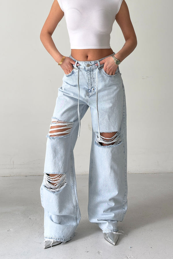 Routines Washed Drawstring Ripped Jeans - Light Blue 3789 Jeans Routines Fashion