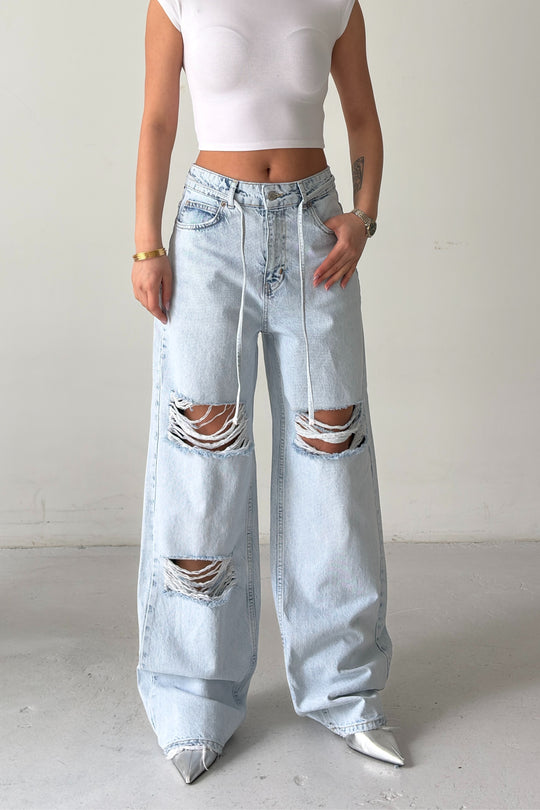 Routines Washed Drawstring Ripped Jeans - Light Blue 3789 - ROUTINES