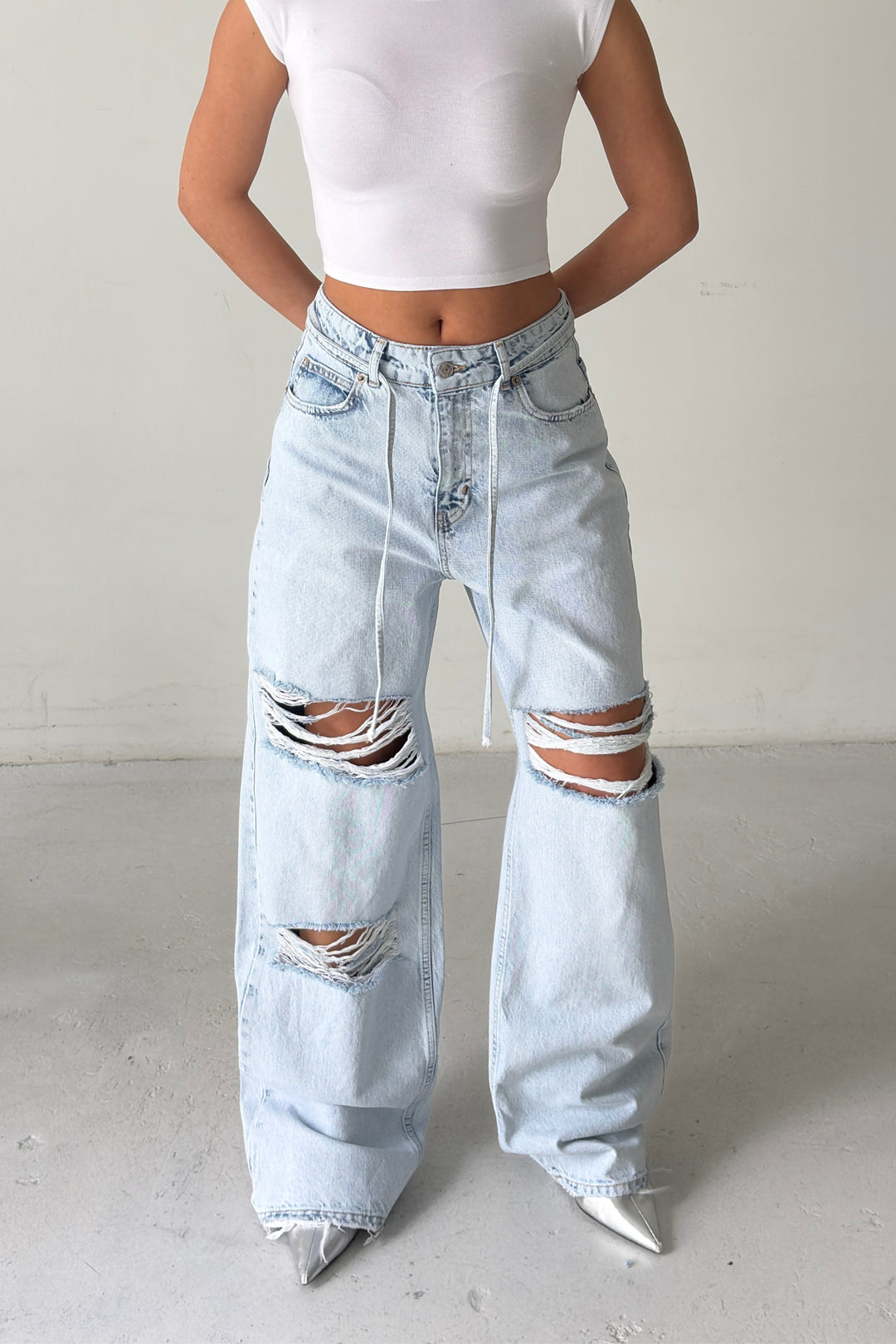 Routines Washed Drawstring Ripped Jeans - Light Blue 3789 - ROUTINES