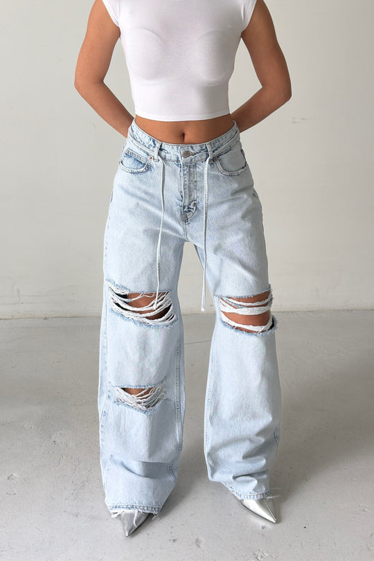 Routines Washed Drawstring Ripped Jeans - Light Blue 3789 - ROUTINES