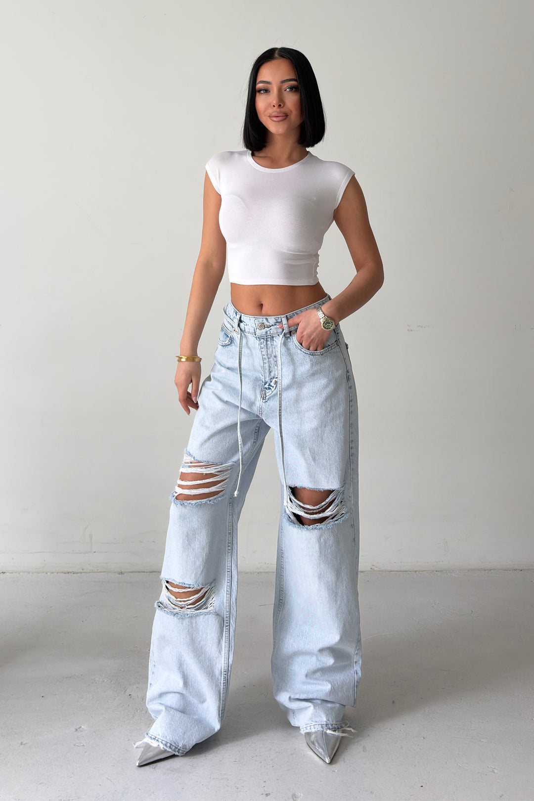 Routines Washed Drawstring Ripped Jeans - Light Blue 3789 - ROUTINES