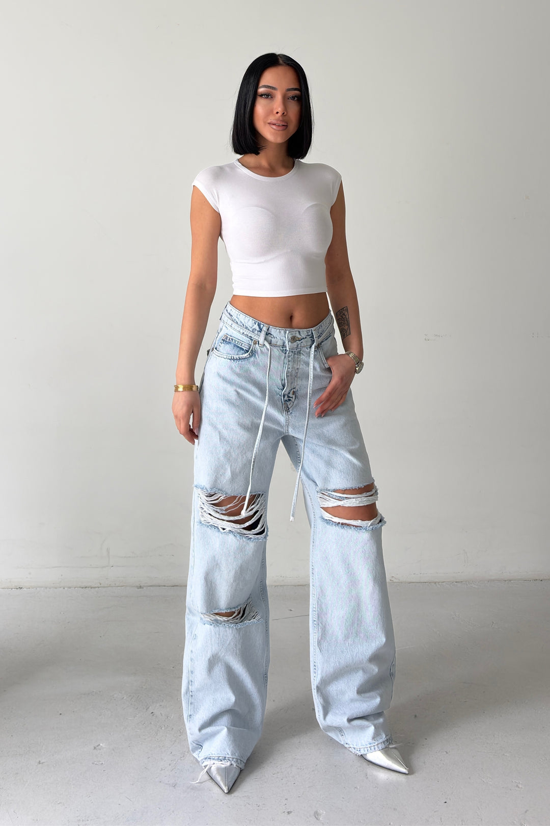 Routines Washed Drawstring Ripped Jeans - Light Blue 3789 - ROUTINES