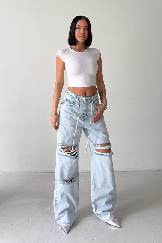 Routines Washed Drawstring Ripped Jeans - Light Blue 3789 - ROUTINES