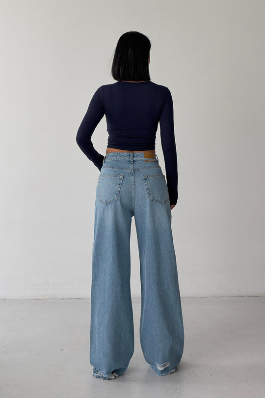 Routines Washed Drawstring Ripped Jeans - Mid Blue 3785