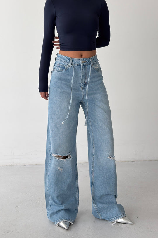 Routines Washed Drawstring Ripped Jeans - Mid Blue 3785