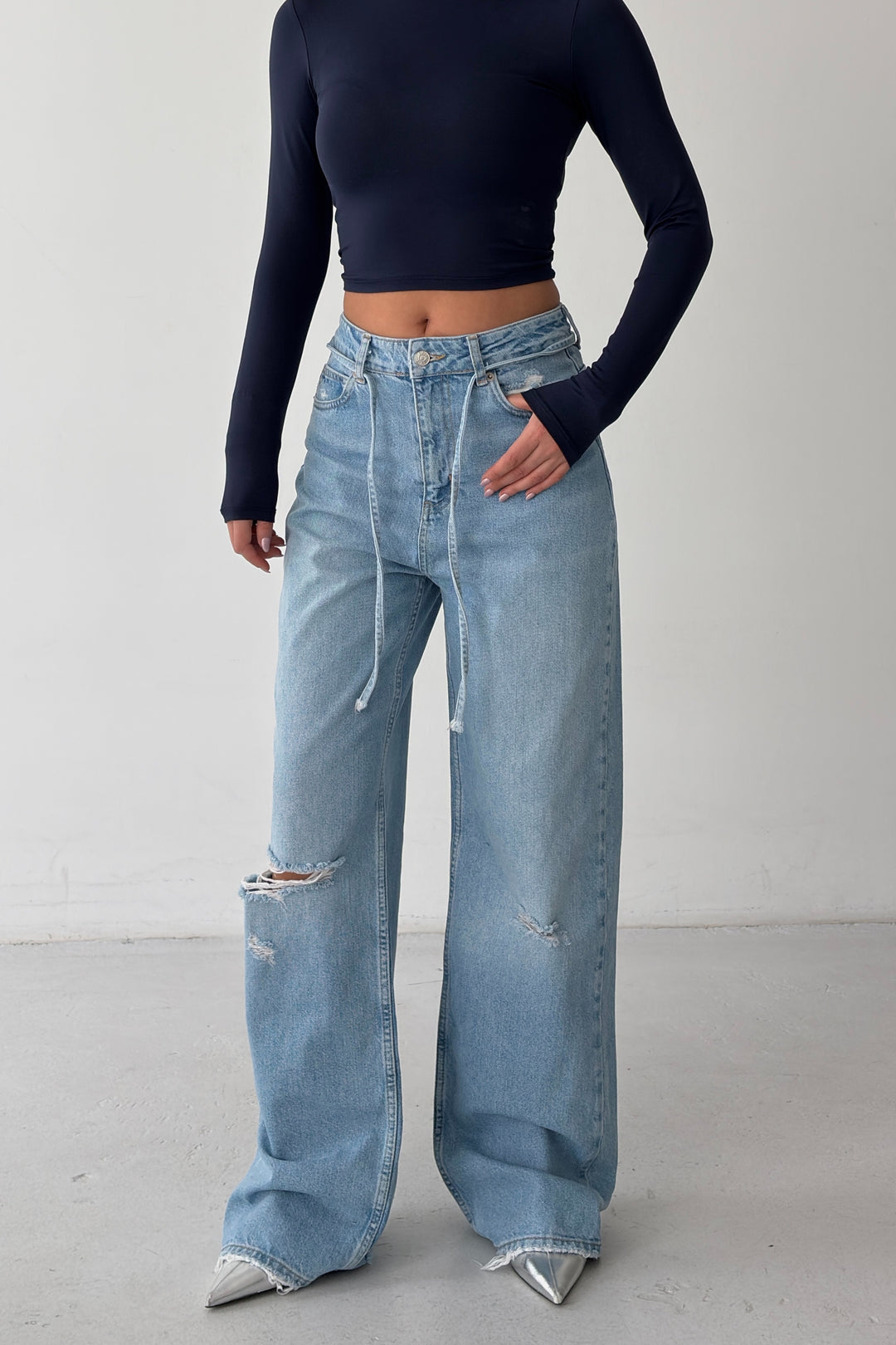 Routines Washed Drawstring Ripped Jeans - Mid Blue 3785