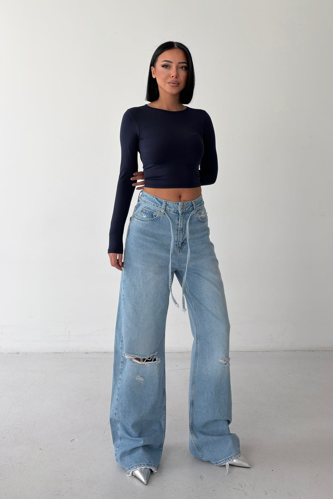 Routines Washed Drawstring Ripped Jeans - Mid Blue 3785