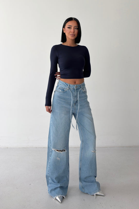 Routines Washed Drawstring Ripped Jeans - Mid Blue 3785