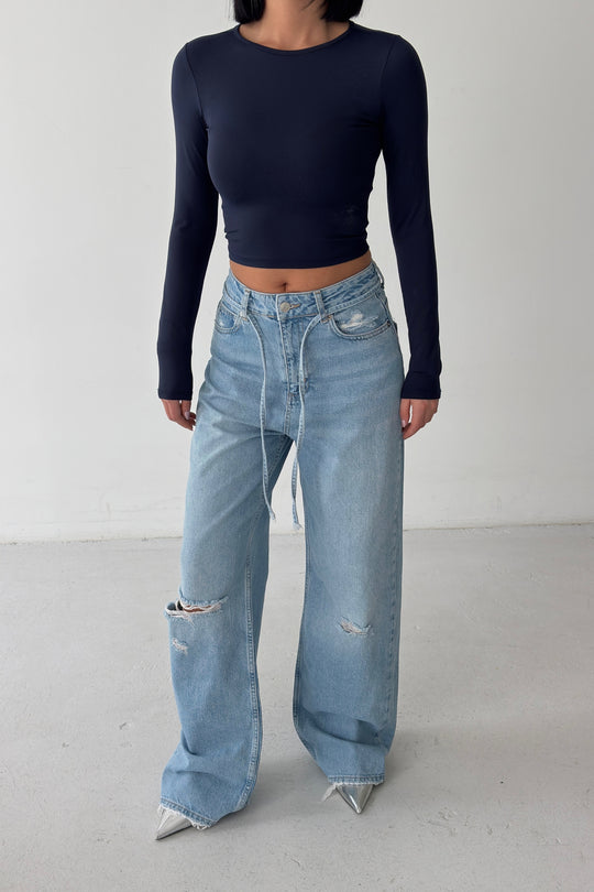 Routines Washed Drawstring Ripped Jeans - Mid Blue 3785