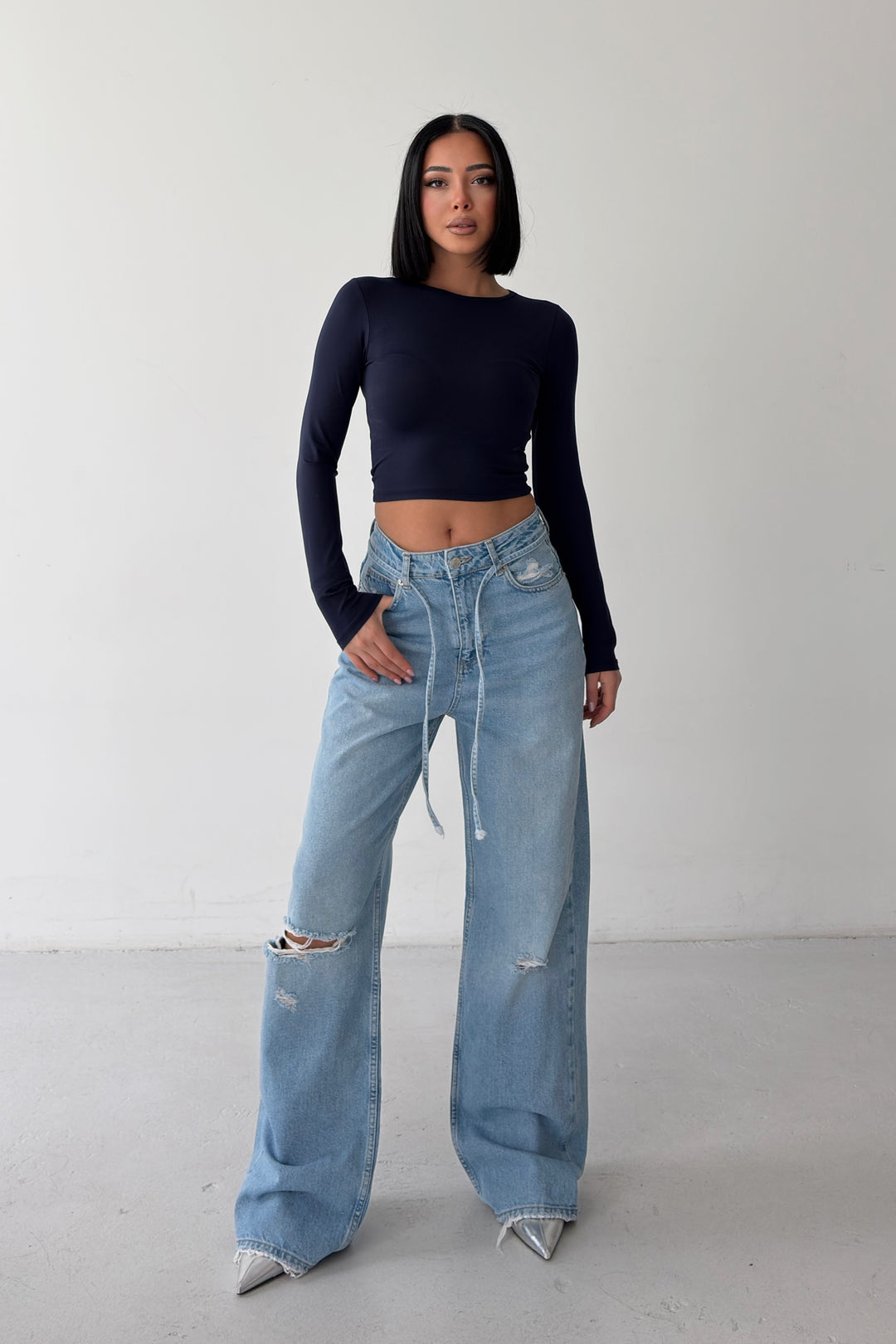 Routines Washed Drawstring Ripped Jeans - Mid Blue 3785