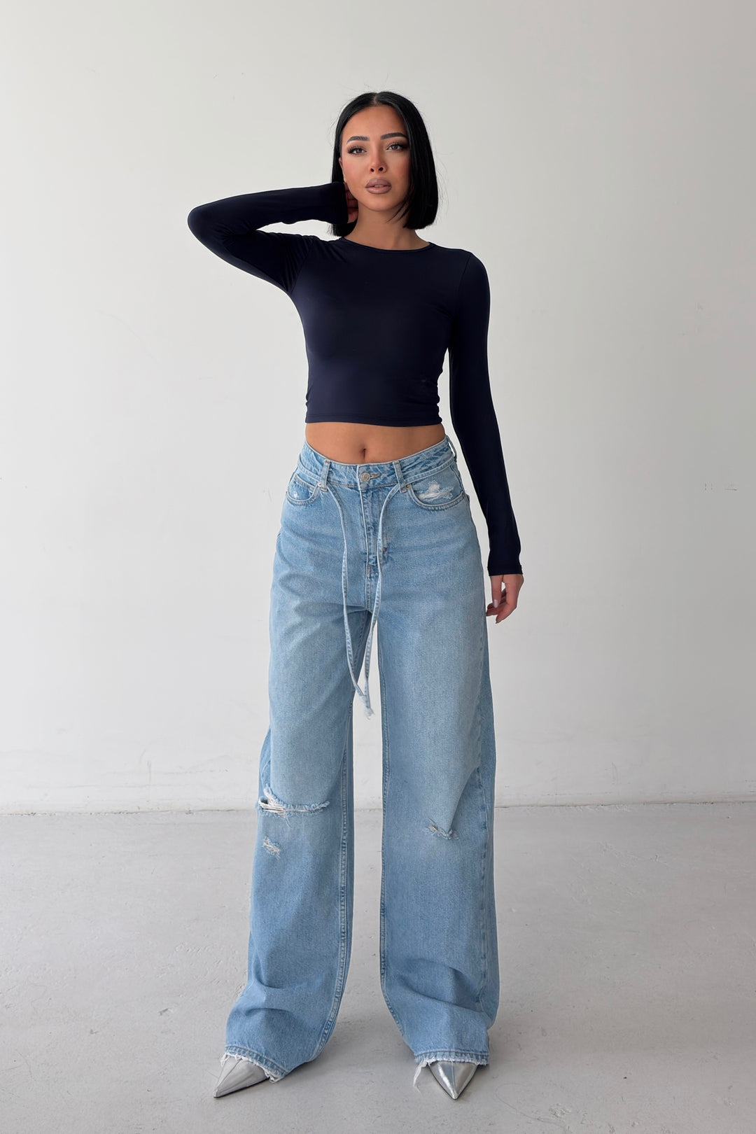 Routines Washed Drawstring Ripped Jeans - Mid Blue 3785