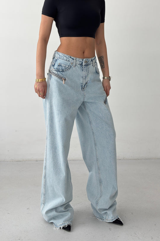 Routines Zippers Detail Baggy Jeans - Light Blue 3744 - ROUTINES