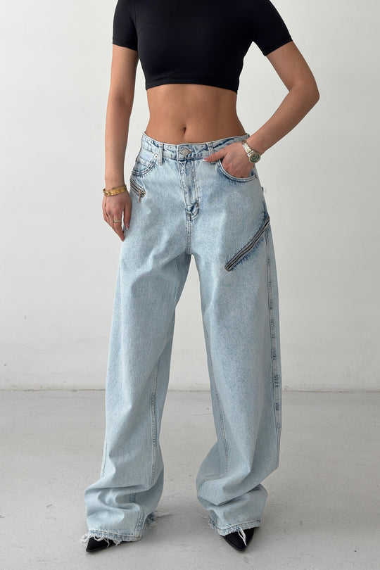 Routines Zippers Detail Baggy Jeans - Light Blue 3744 - ROUTINES