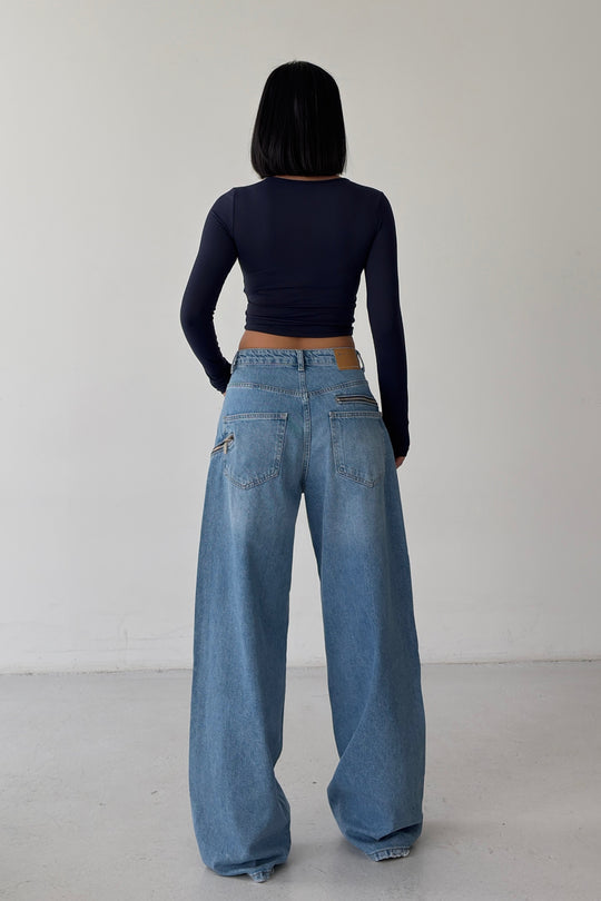Routines Zippers Detail Baggy Jeans - Mid Blue 3745 - ROUTINES