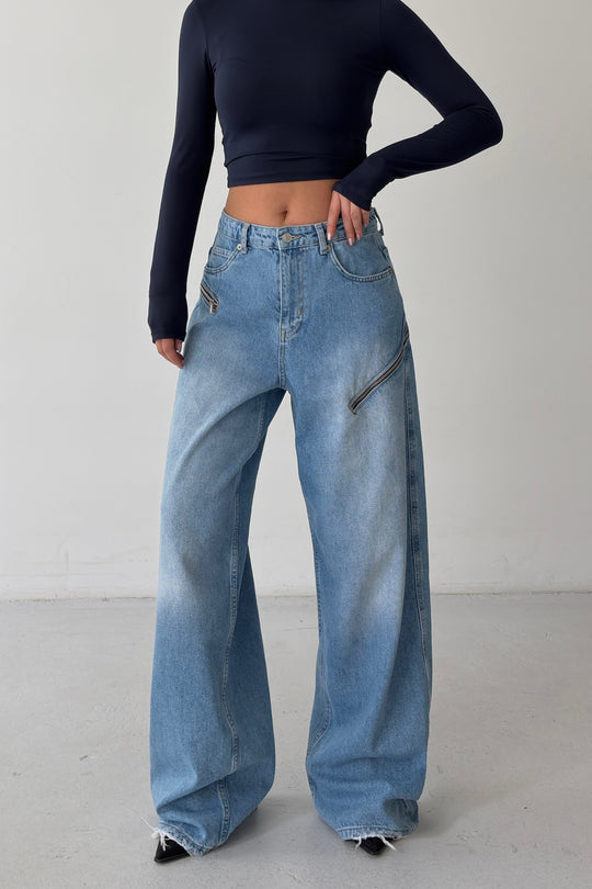 Routines Zippers Detail Baggy Jeans - Mid Blue 3745 - ROUTINES