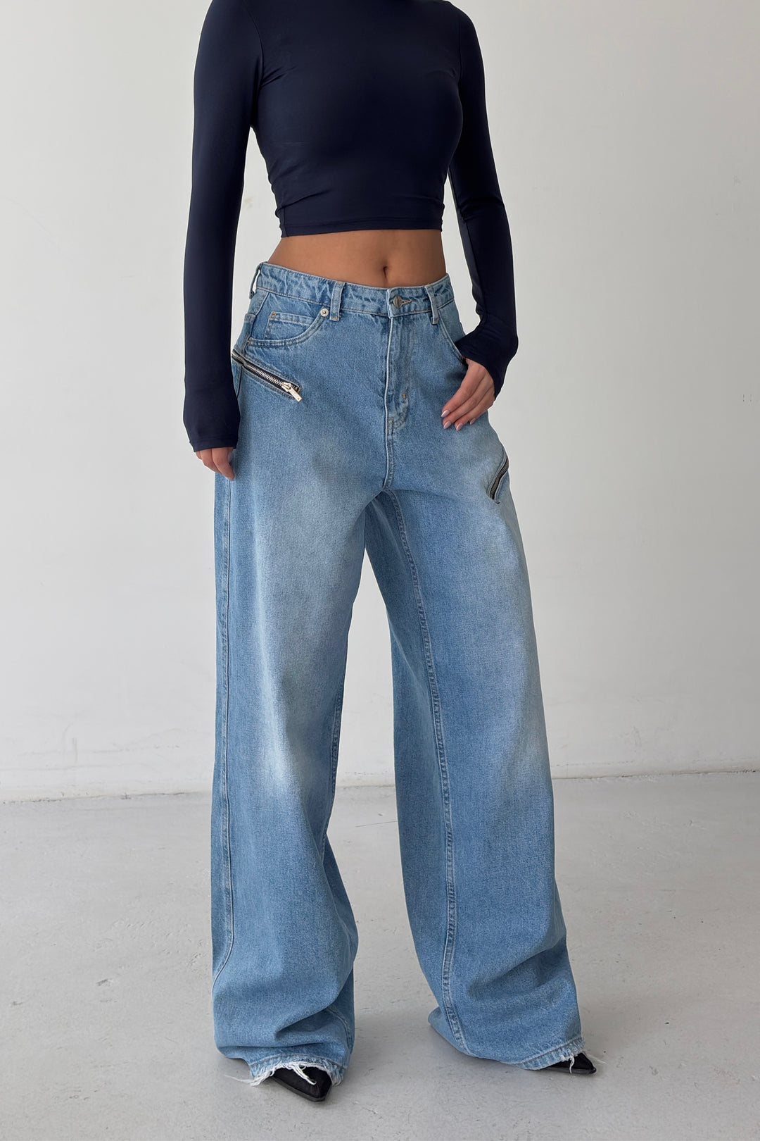 Routines Zippers Detail Baggy Jeans - Mid Blue 3745 - ROUTINES