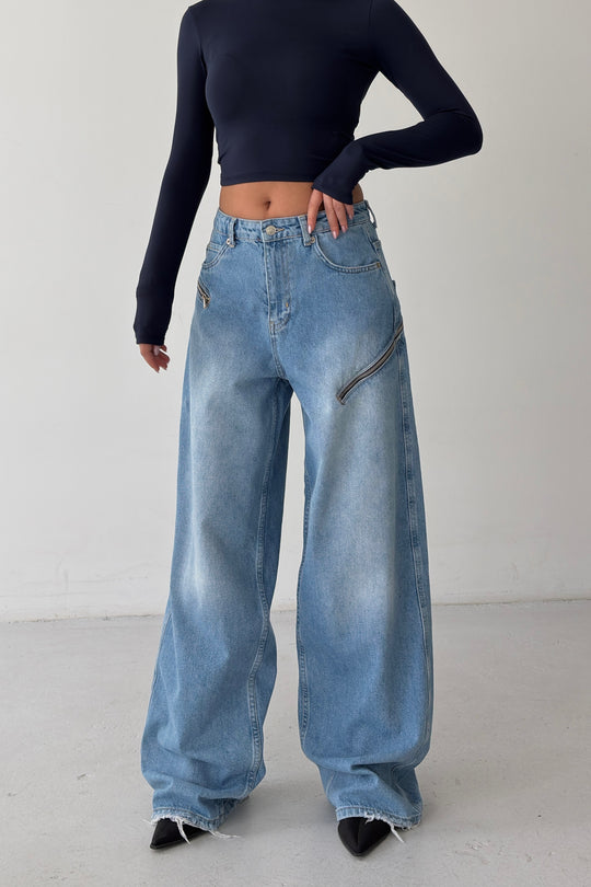Routines Zippers Detail Baggy Jeans - Mid Blue 3745 - ROUTINES