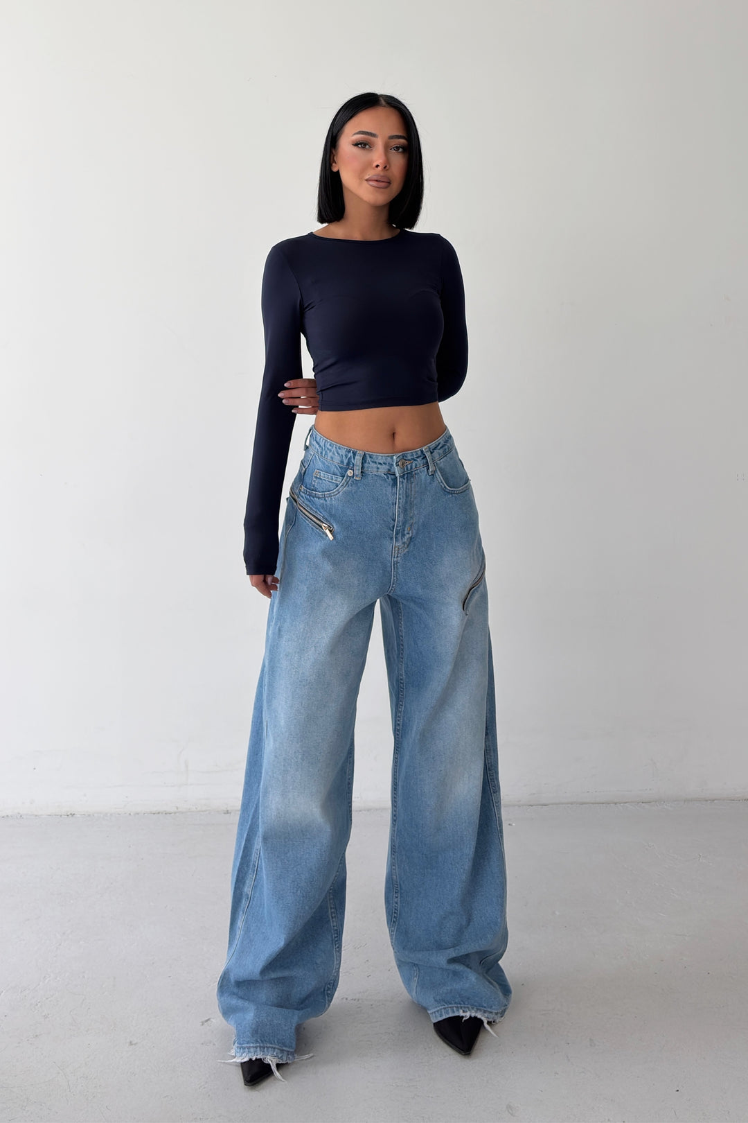 Routines Zippers Detail Baggy Jeans - Mid Blue 3745 - ROUTINES