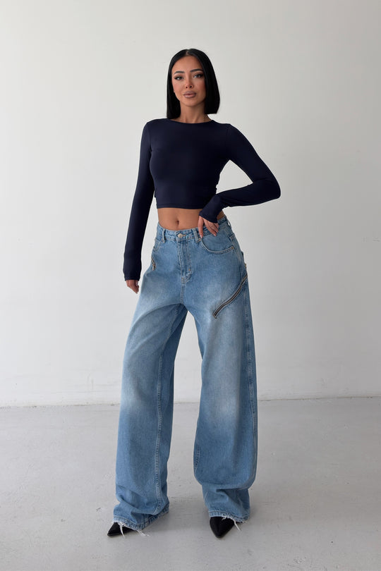 Routines Zippers Detail Baggy Jeans - Mid Blue 3745 - ROUTINES