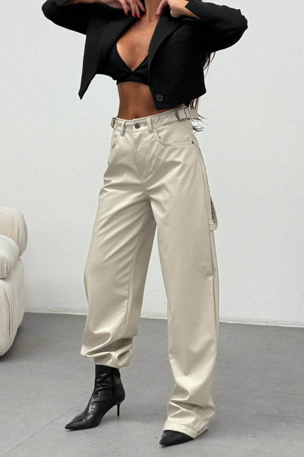 Routines LeatherLook Carpenter Jeans - Beige 309-6 Pants Routines Fashion