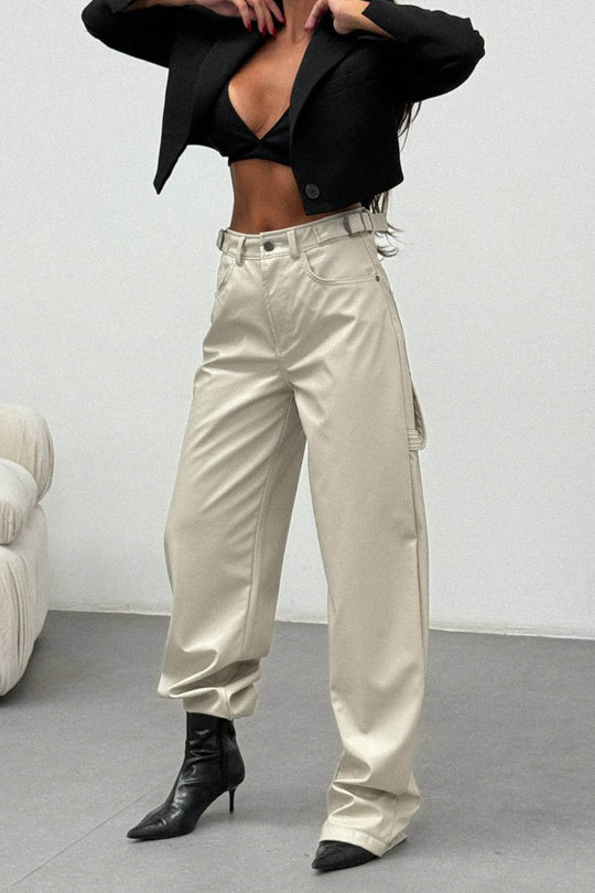 Routines LeatherLook Carpenter Jeans - Beige 309-6 Pants Routines Fashion