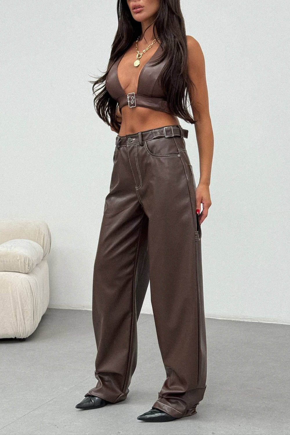 Routines LeatherLook Carpenter Jeans - Choco 309-5 Pants Routines Fashion