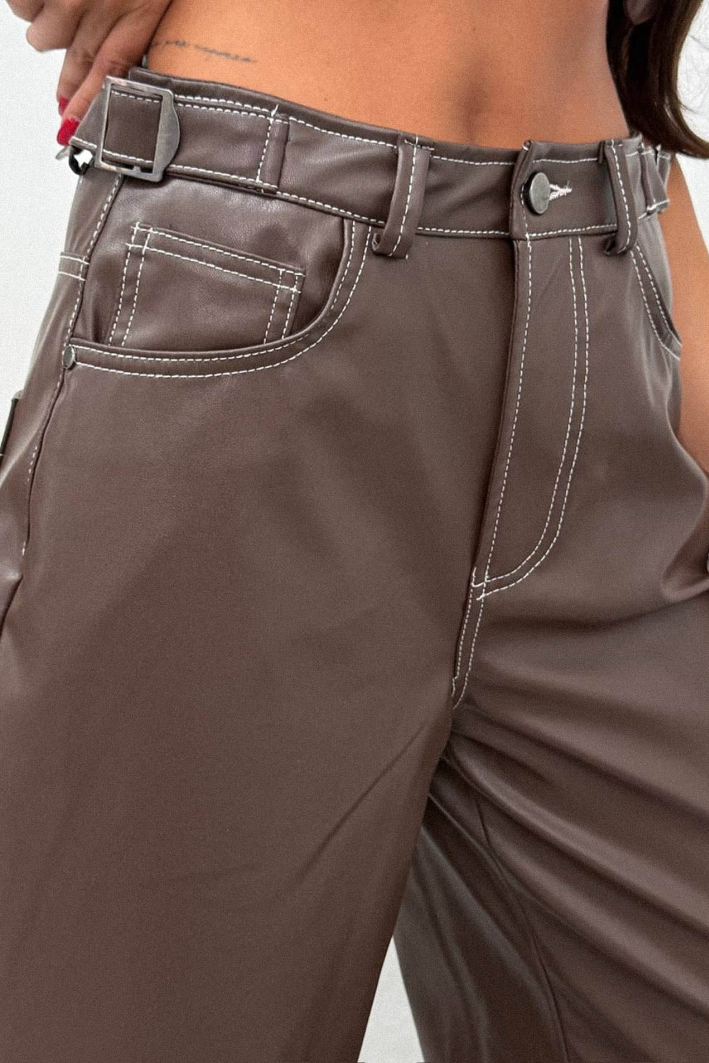 Routines LeatherLook Carpenter Jeans - Choco 309-5 Pants Routines Fashion